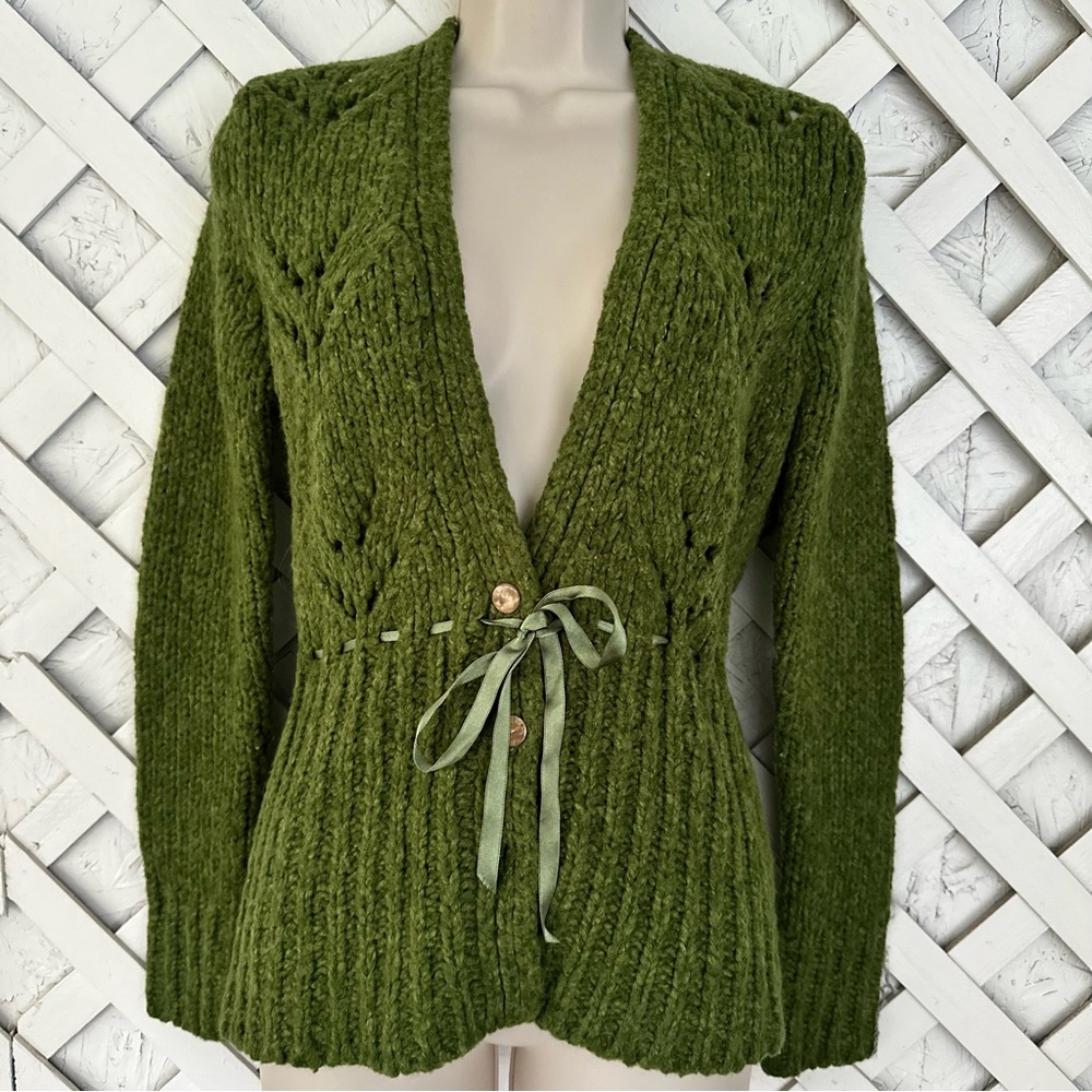 Sarsaparilla Chunky Knit Ribbon Tie Cardigan Sweater Wool Blend Boho Earthy Cozy